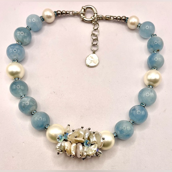 Source Unknown Jewelry - Gorgeous Aquamarine Beaded Necklace Fresh Water Pearls Crystal Spacers 925